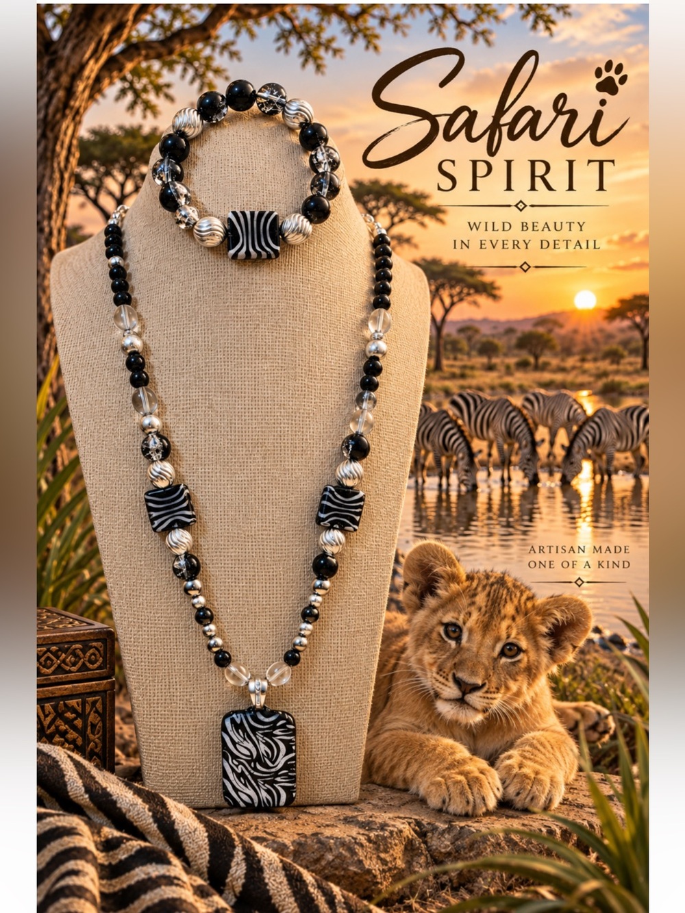 Glass Zebra-Print Necklace and Bracelet Set